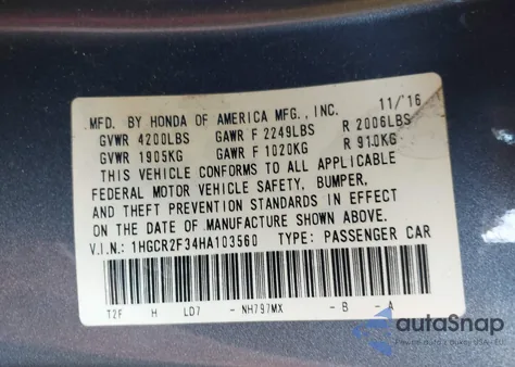 2017 Honda Accord Lx from USA, damaged, VIN 1HGCR2F34HA103560